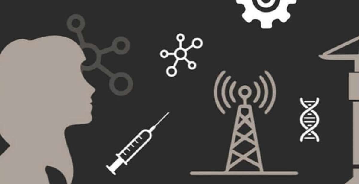 graphic of woman surrounded by engineering-related symbols